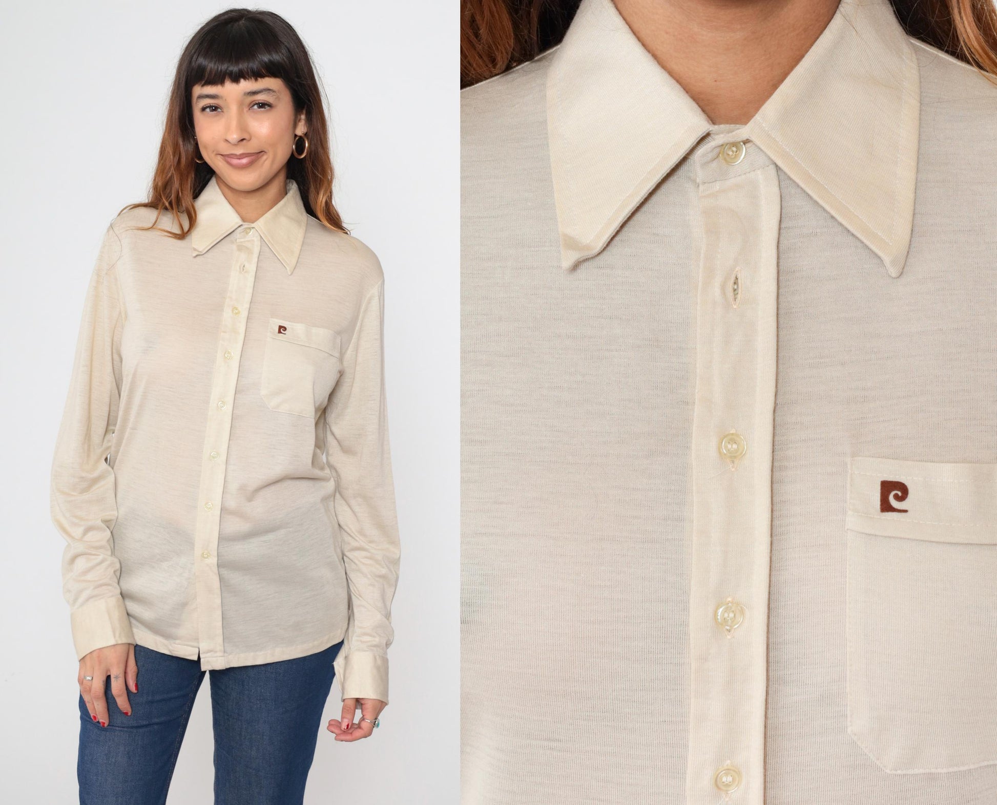 80s Pierre Cardin Beige Dress Shirt Long Sleeve Button Down Point Collar Medium