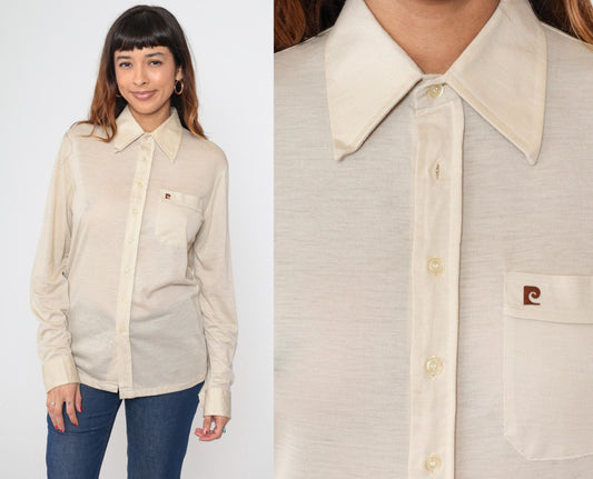 80s Pierre Cardin Beige Dress Shirt Long Sleeve Button Down Point Collar Medium