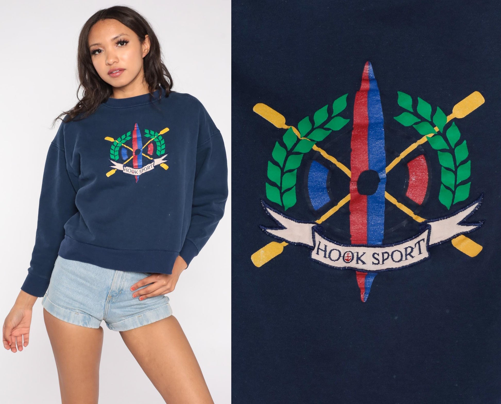 90s Hook Sport Rowing Crest Navy Sweatshirt Crossed Oars Graphic Large L