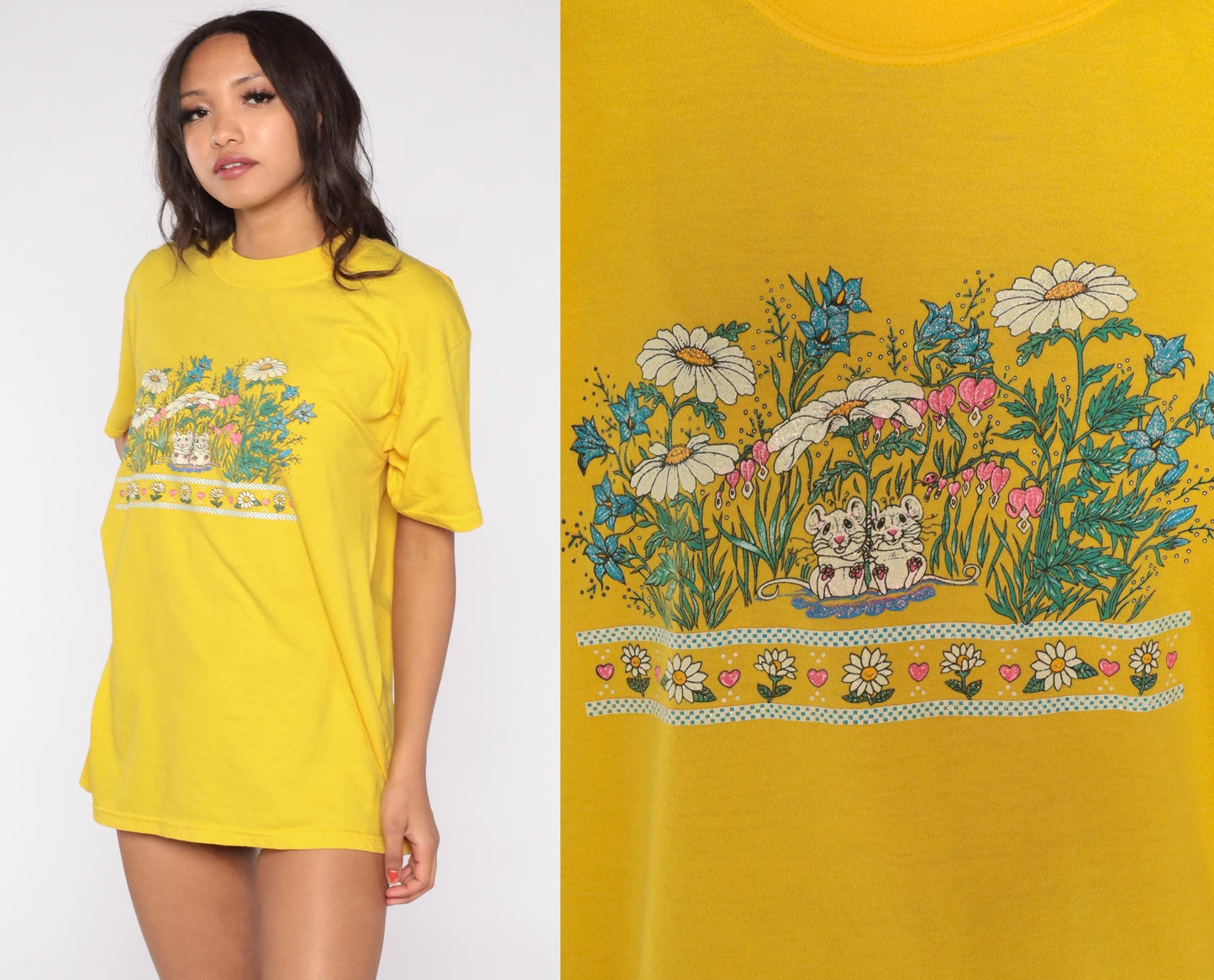 90s Gildan Yellow Mouse Daisy Floral Graphic T-Shirt Large L
