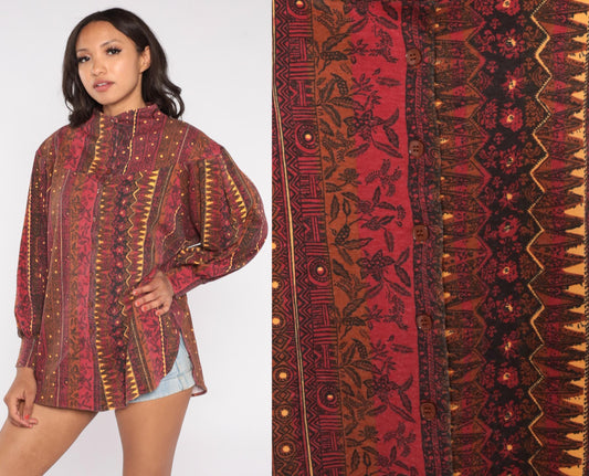 90s Mike & Me Moon Craft Burgundy Geometric Tribal Button Up Blouse One Size
