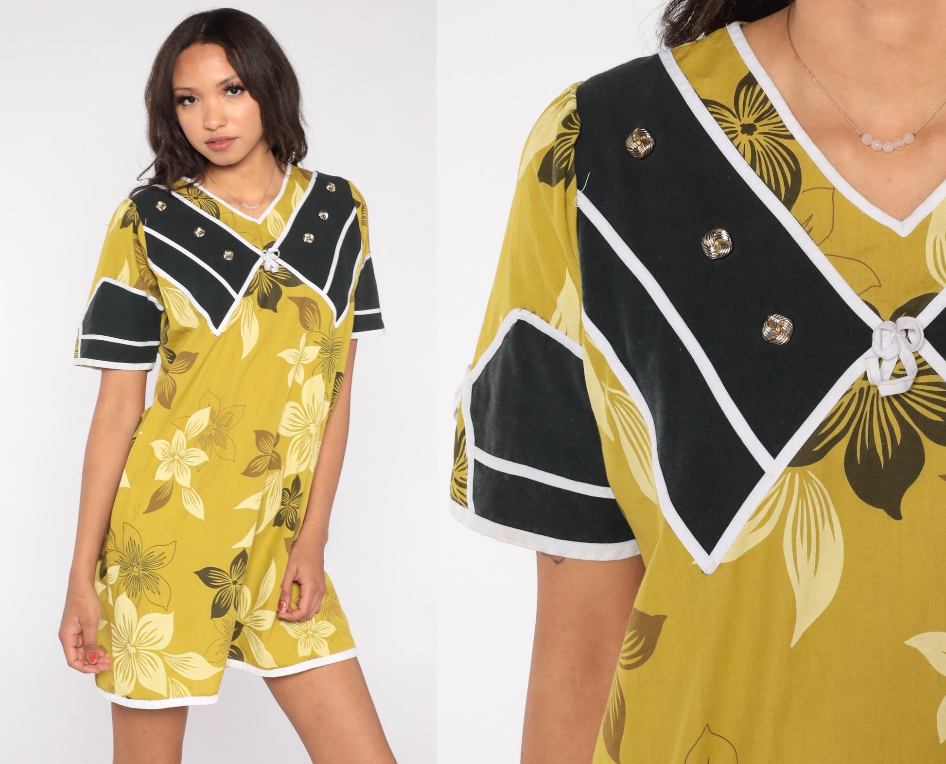90s Floral Mini Dress Chartreuse Olive Sailor Collar Tropical Print Medium M