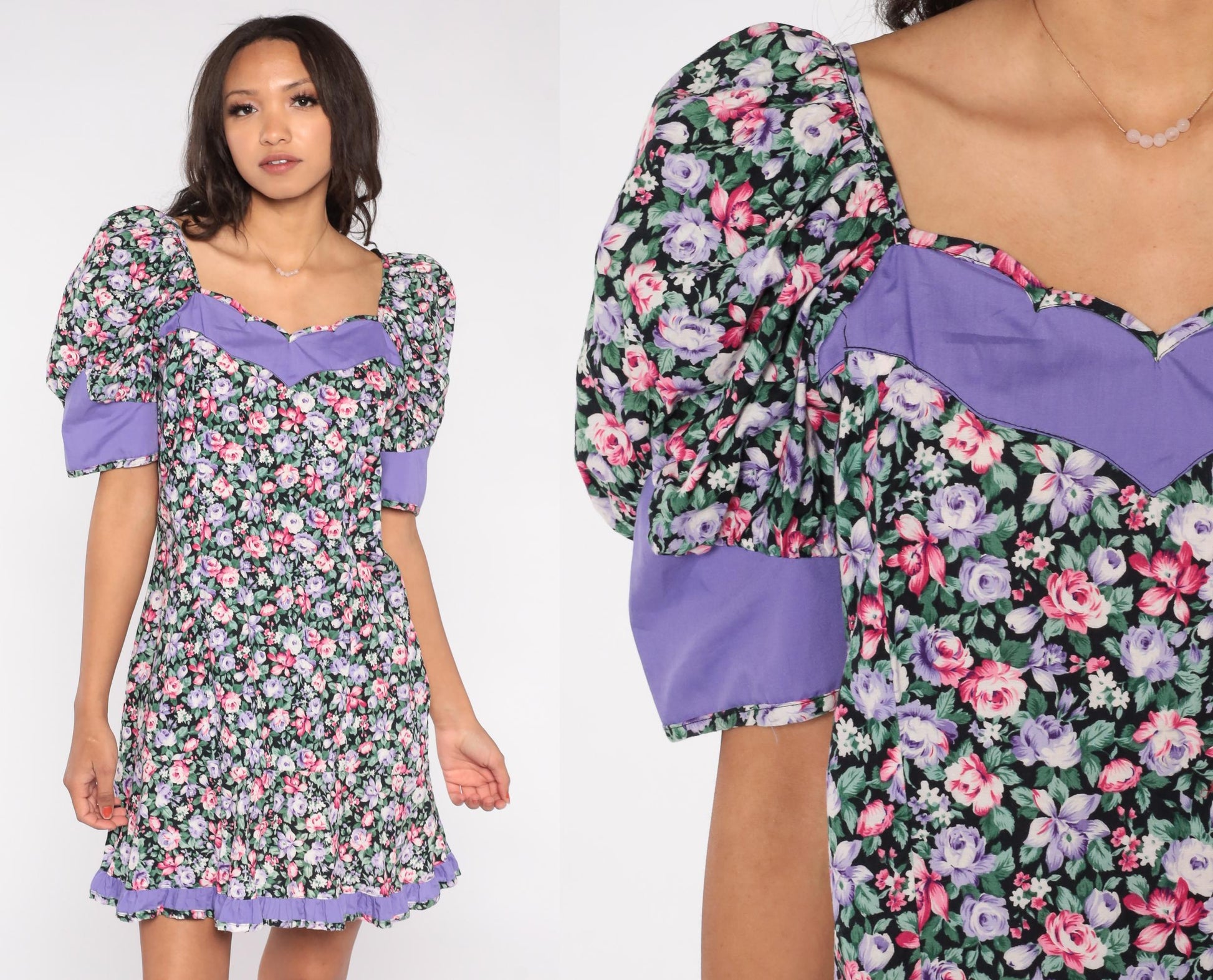 90s Floral Mini Dress Puff Sleeve Sweetheart Neckline Lilac Trim Cotton Large