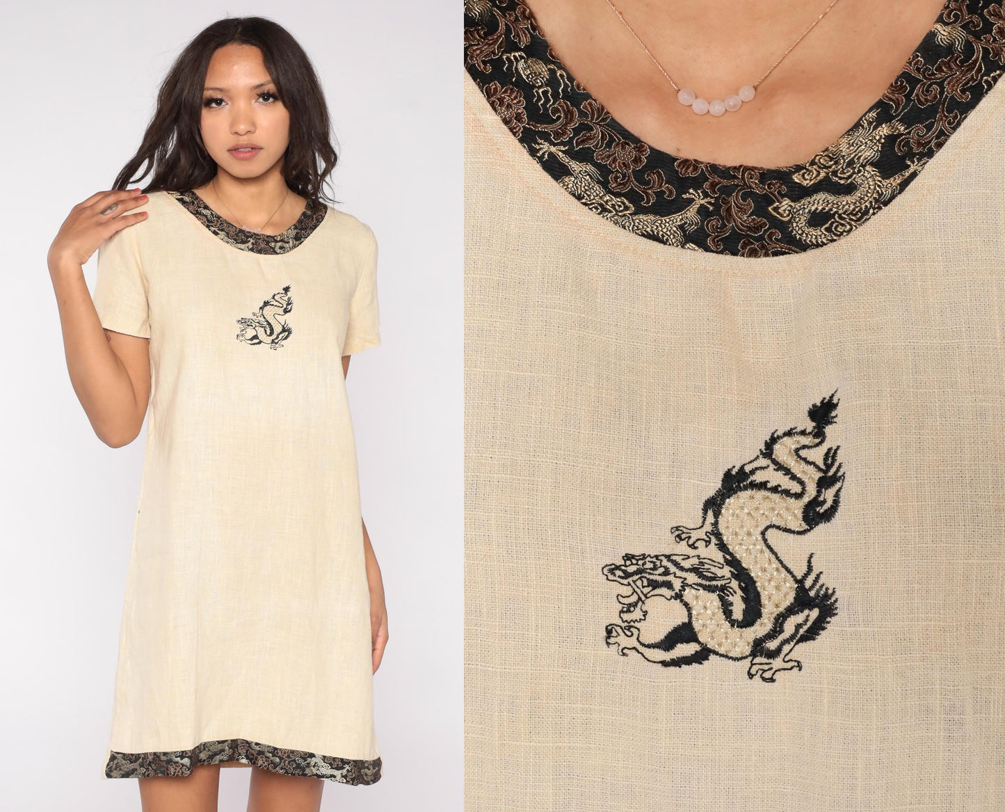 90s Mariko Beige Linen Dragon Embroidery Mini Dress Short Sleeve Medium M