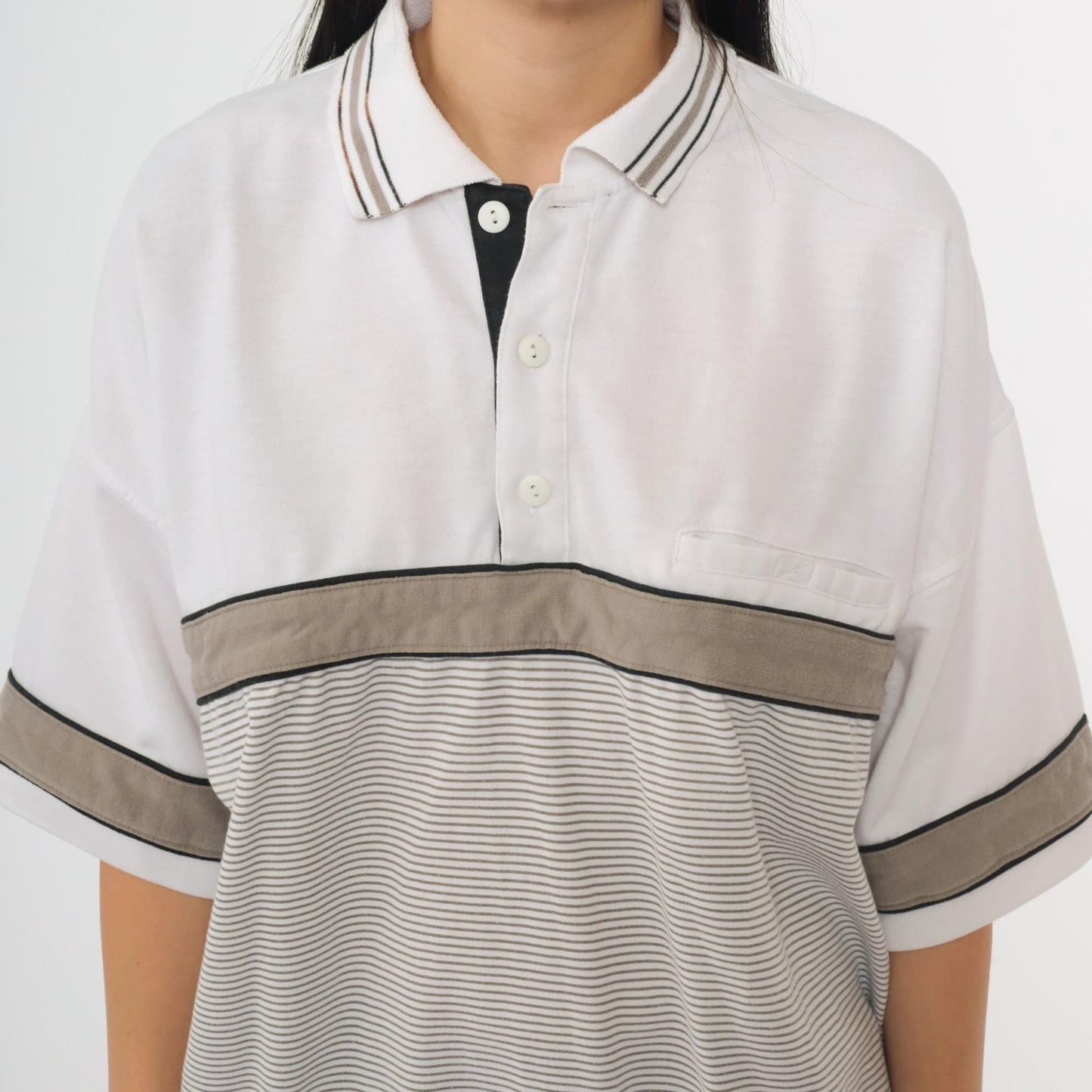 90s Puritan Polo Shirt White Taupe Black Striped Colorblock Large L