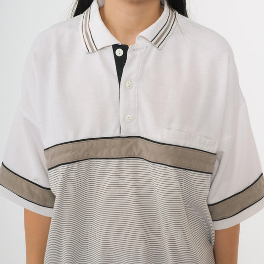 90s Puritan Polo Shirt White Taupe Black Striped Colorblock Large L