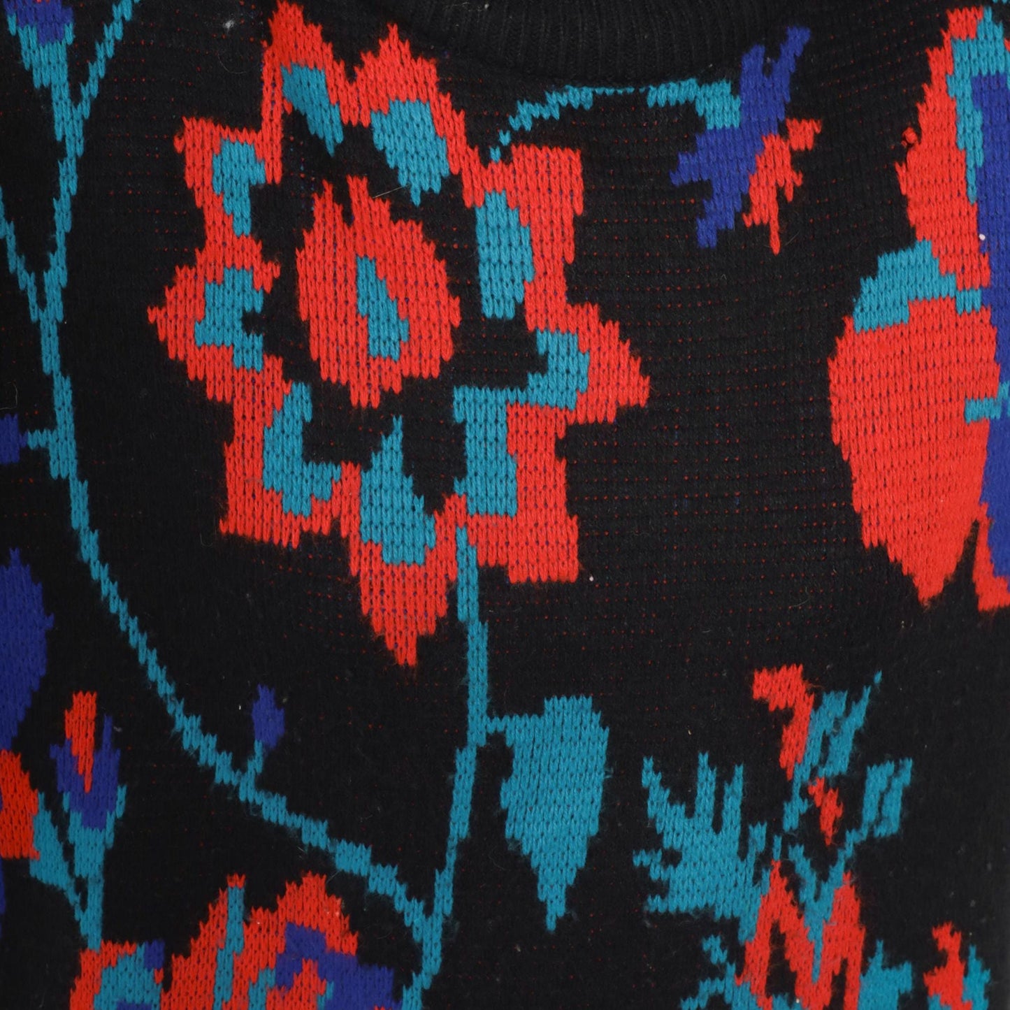 80s Adolfo Collectibles Floral Knit Sweater High Neck Black Red Blue Teal Medium M