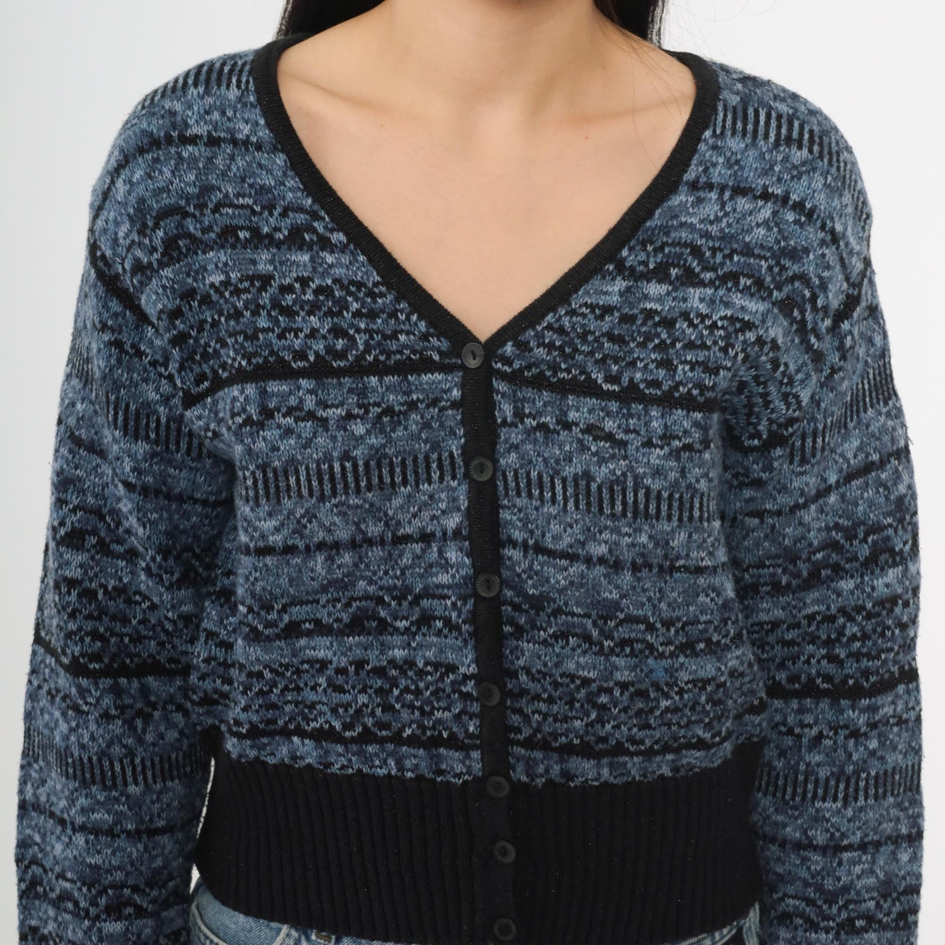 90s Lizwear Petite Blue Black Striped Cardigan V Neck Cotton Knit Small