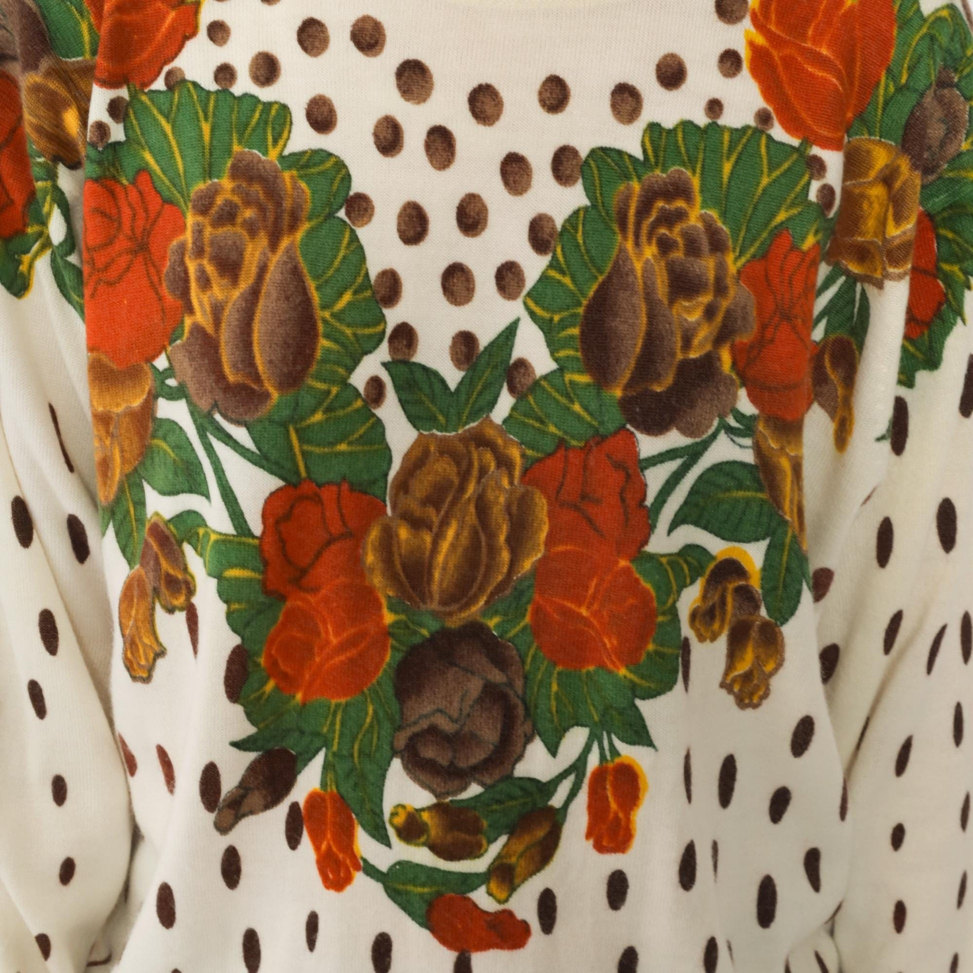 80s General Floral Knit Sweater Cream Rose Heart Print Polka Dot Large