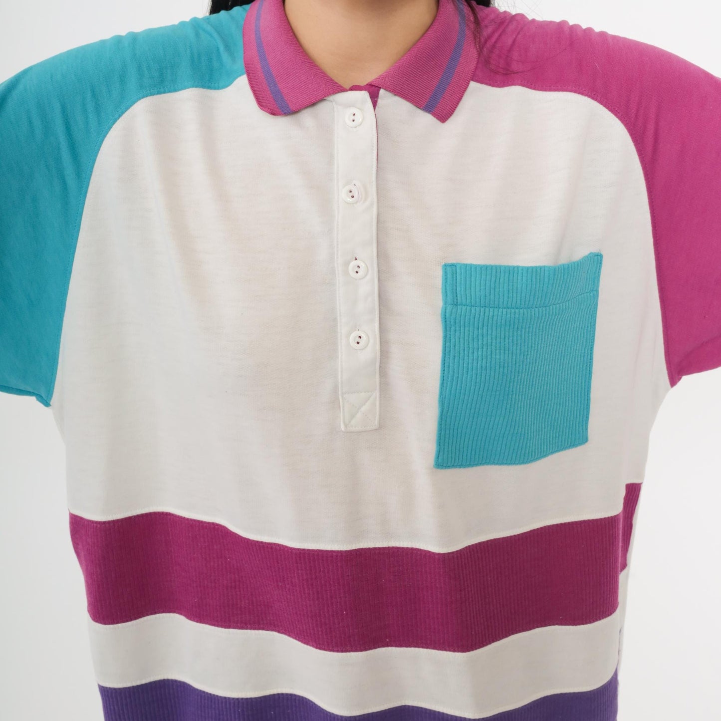 80s Colorblock Polo Shirt Pink Purple Turquoise Geometric Wave Raglan Large