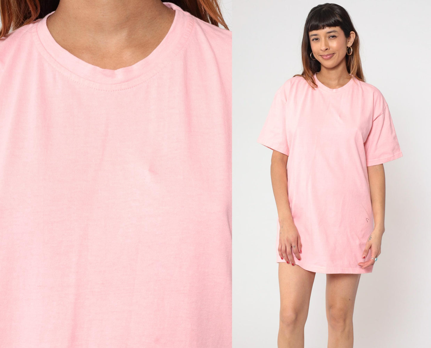 90s Pink Cotton T-Shirt Dress Crew Neck Short Sleeve Mid-Thigh One Size