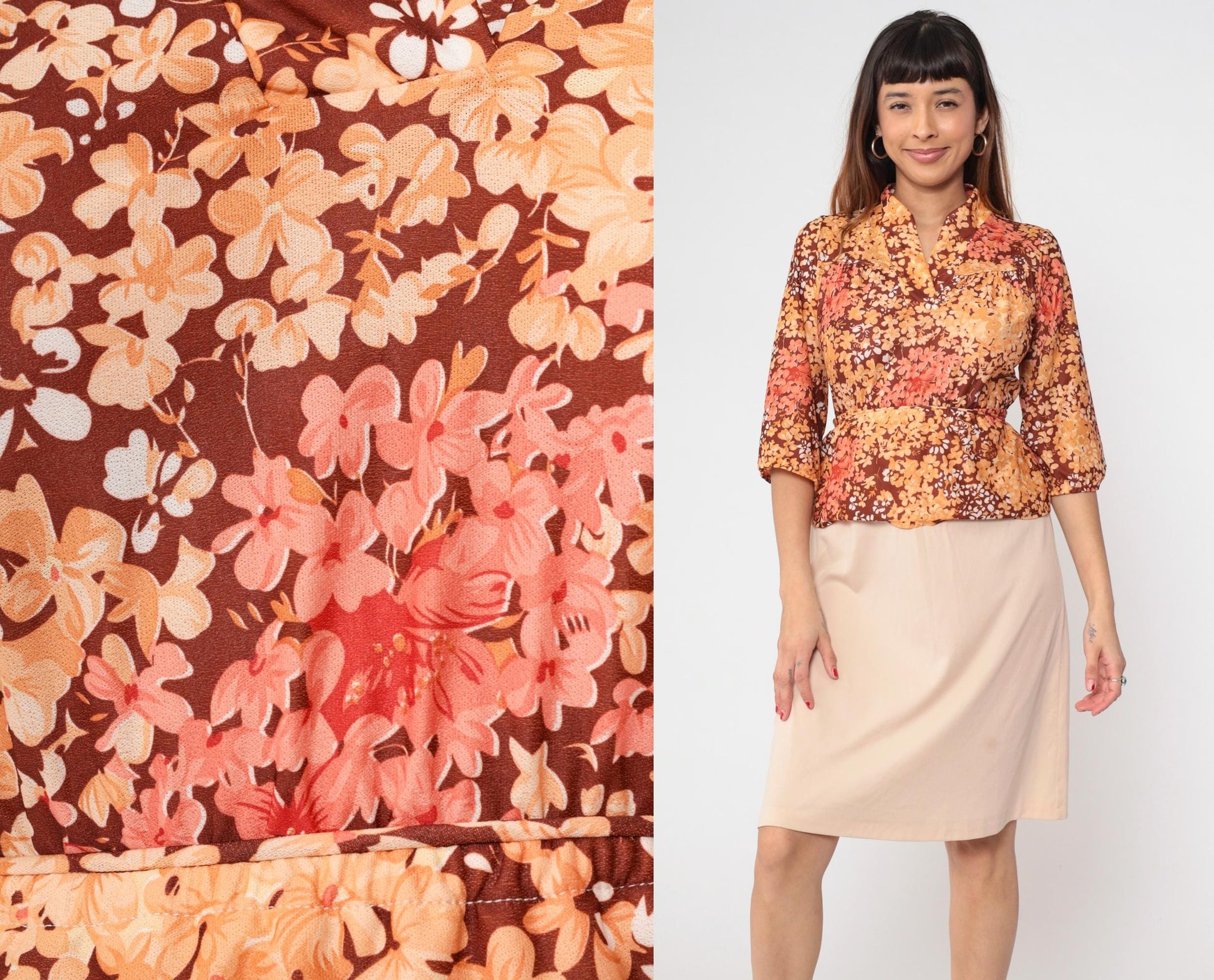 80s Floral Midi Dress Brown Orange Yellow V-Neck Peplum Waist Short Sleeve Medium