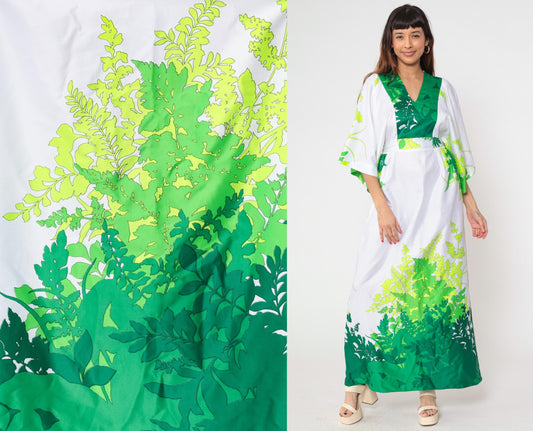 70s Hilo Hattie Hawaiian Maxi Dress White Green Tropical Leaf Kimono Sleeve Small