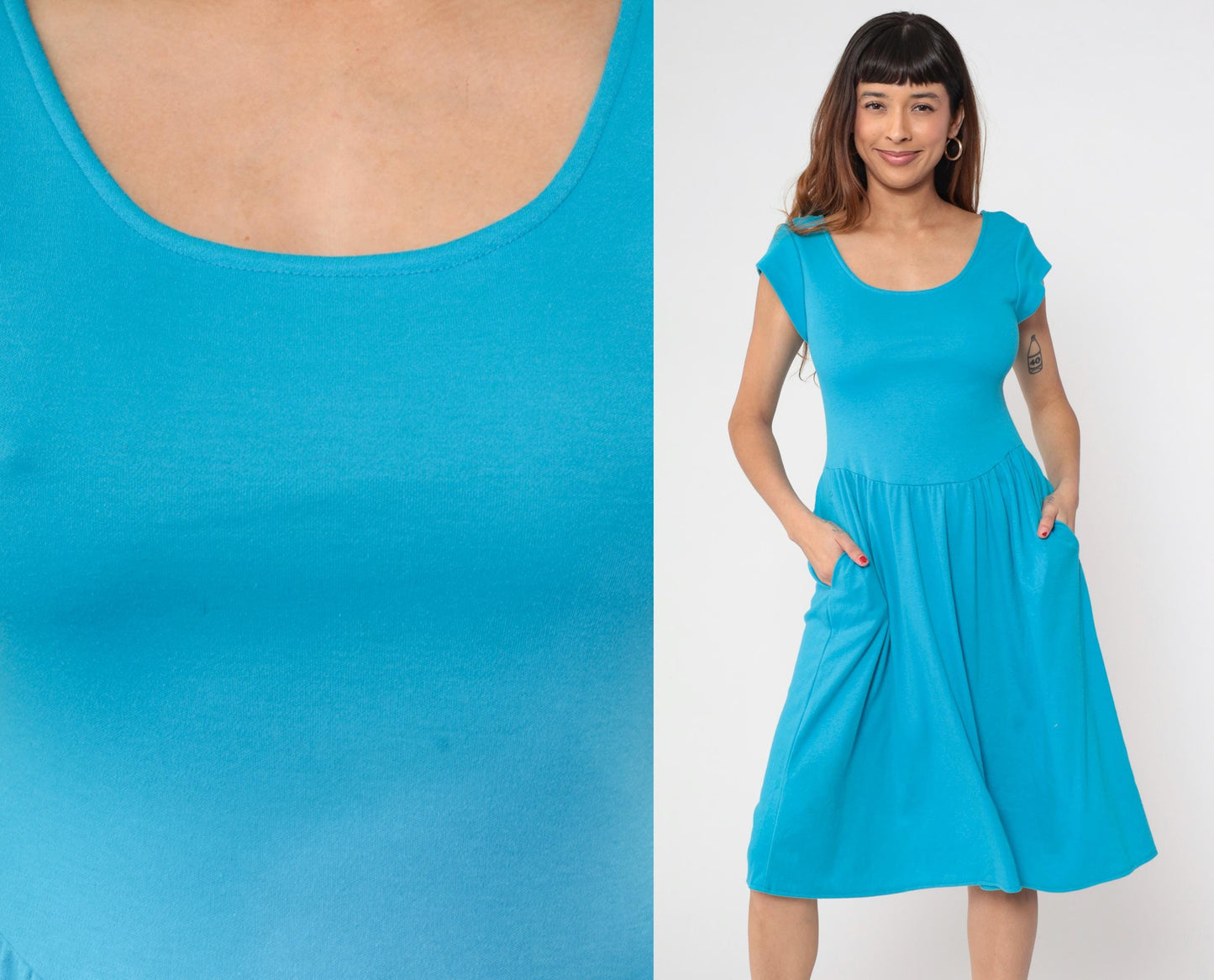 80s Byer Too Turquoise Midi Dress Fitted Bodice Cap Sleeve Small