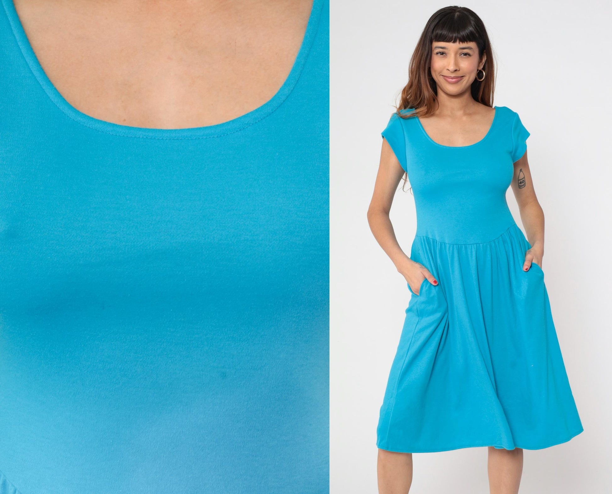 80s Byer Too Turquoise Midi Dress Fitted Bodice Cap Sleeve Small
