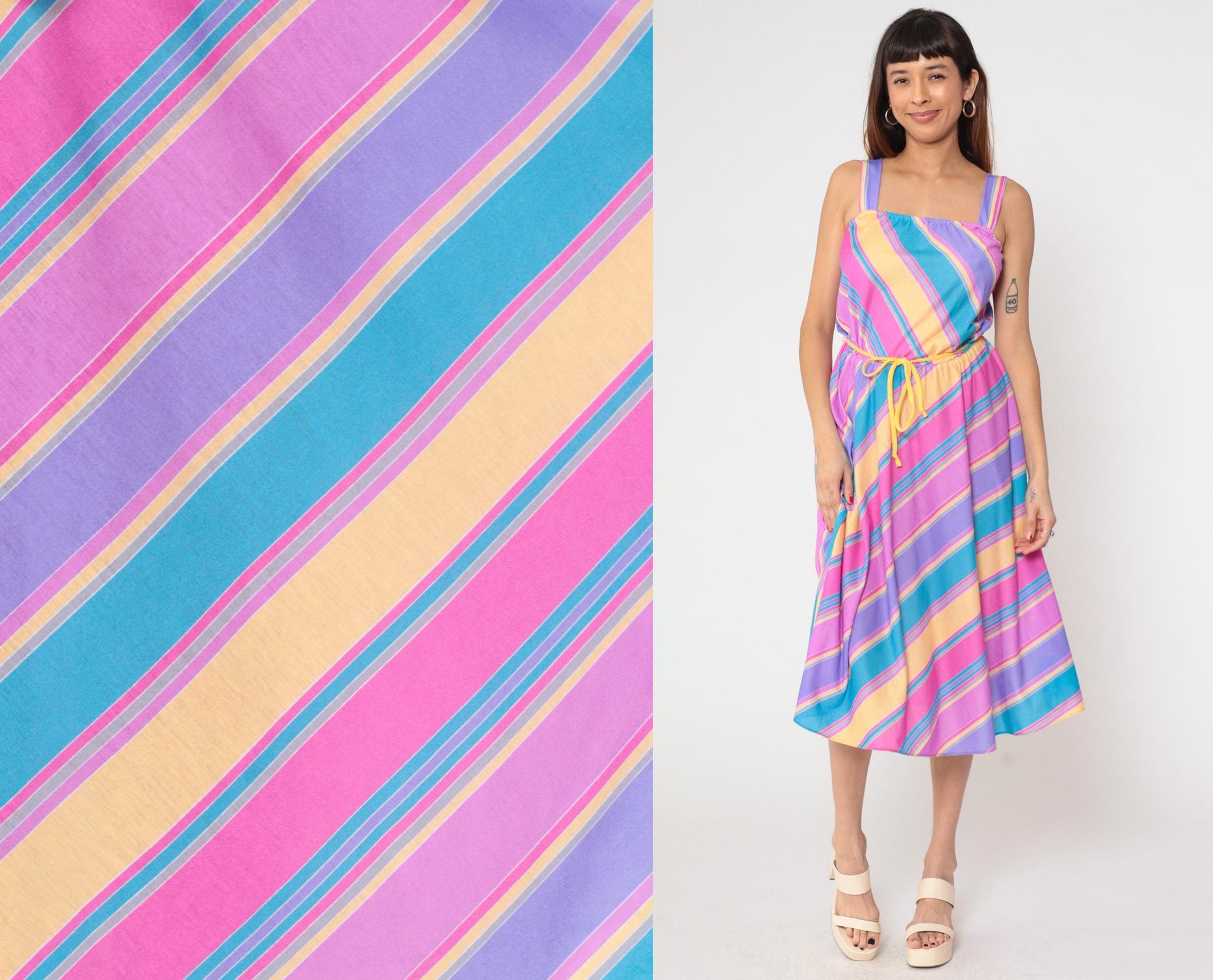80s Pastel Rainbow Stripe Midi Sundress Square Neck Spaghetti Strap Small