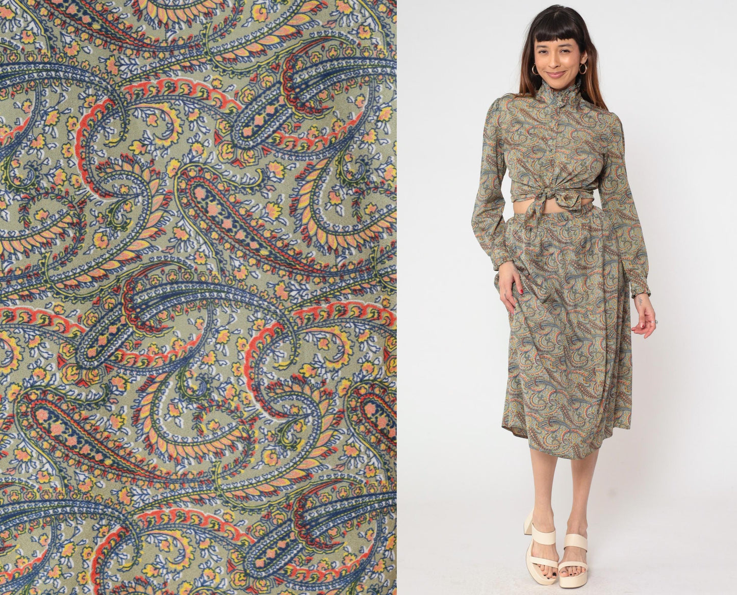70s The Villager Paisley Two Piece Set Sage Green Blouse Midi Skirt Small
