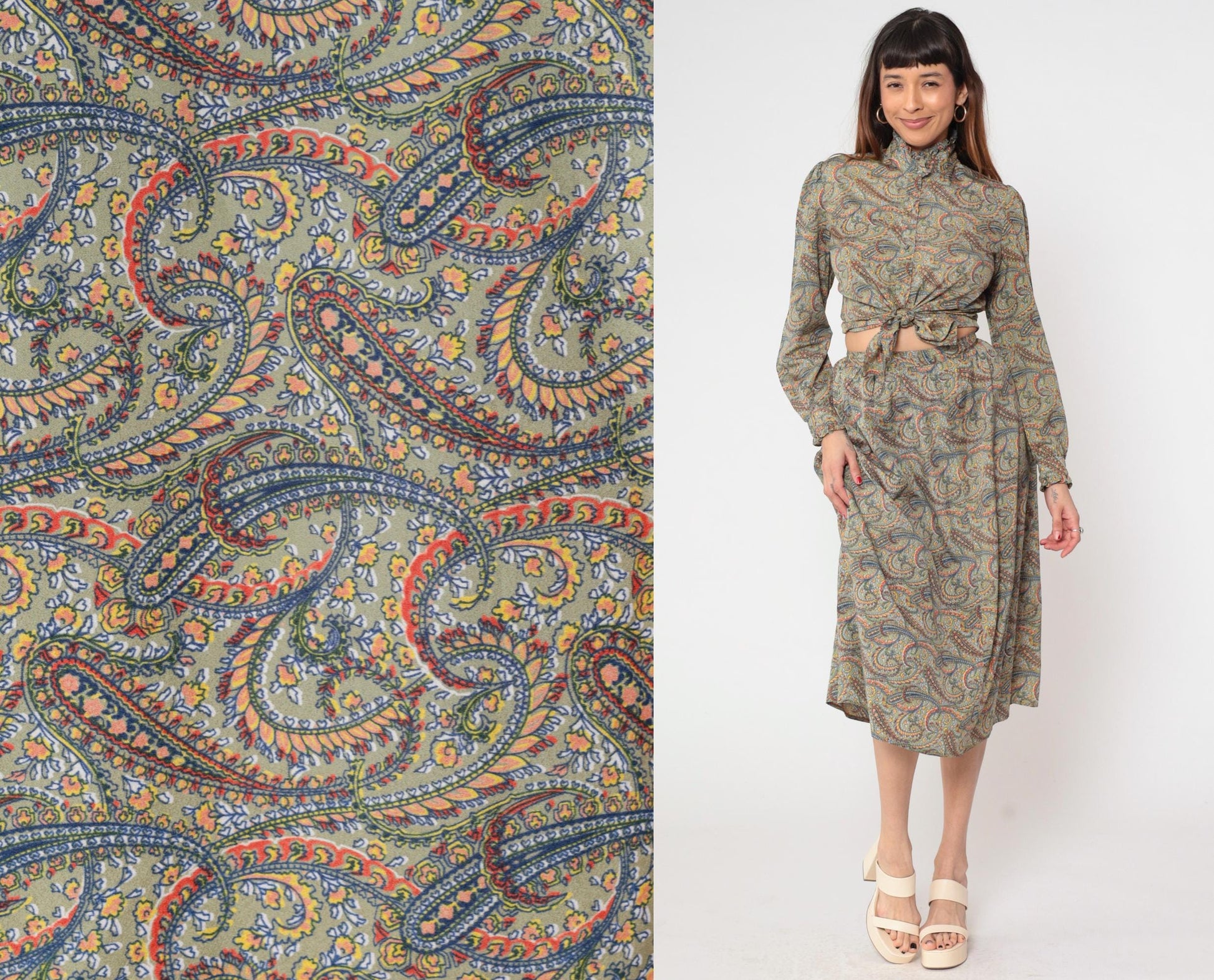 70s The Villager Paisley Two Piece Set Sage Green Blouse Midi Skirt Small