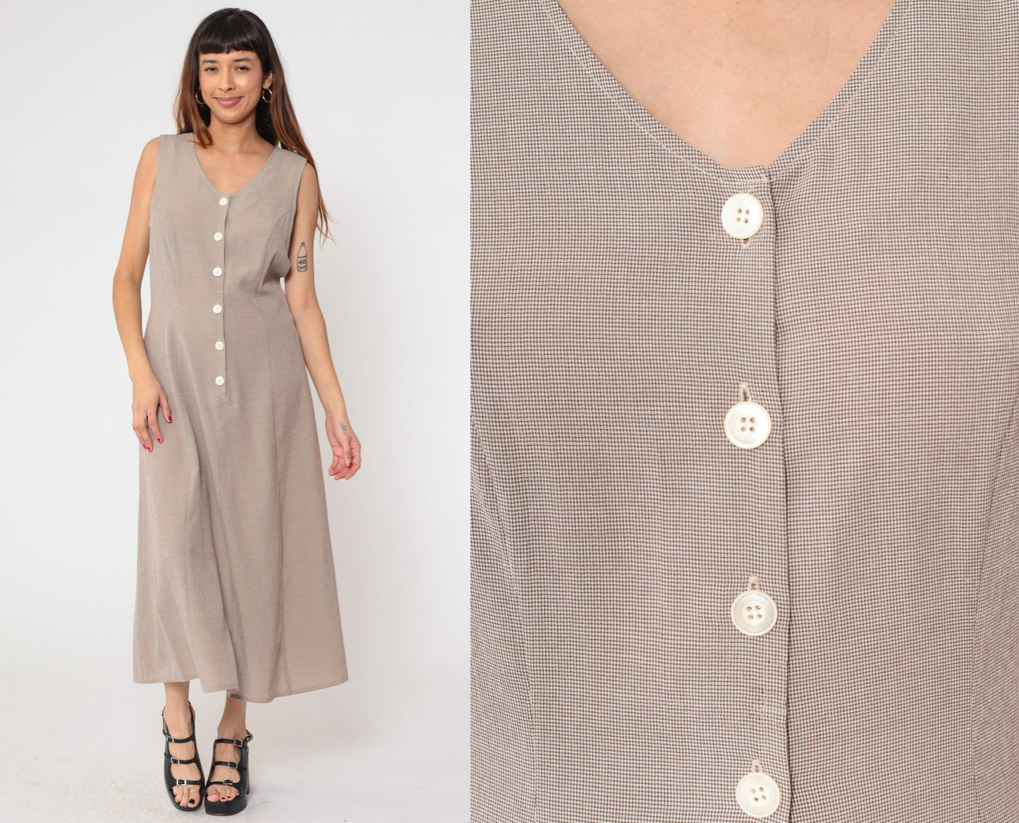 90s Kathie Lee Taupe Maxi Dress V Neck Lace Up Back Sleeveless Medium