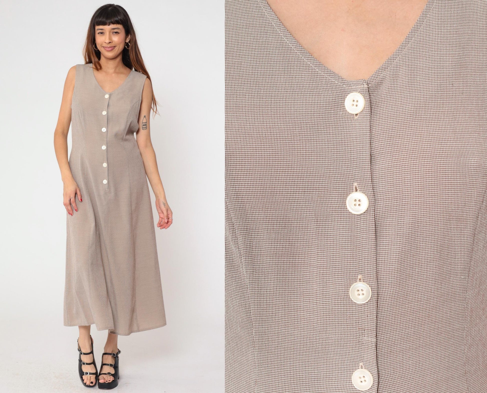 90s Kathie Lee Taupe Maxi Dress V Neck Lace Up Back Sleeveless Medium