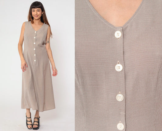 90s Kathie Lee Taupe Maxi Dress V Neck Lace Up Back Sleeveless Medium