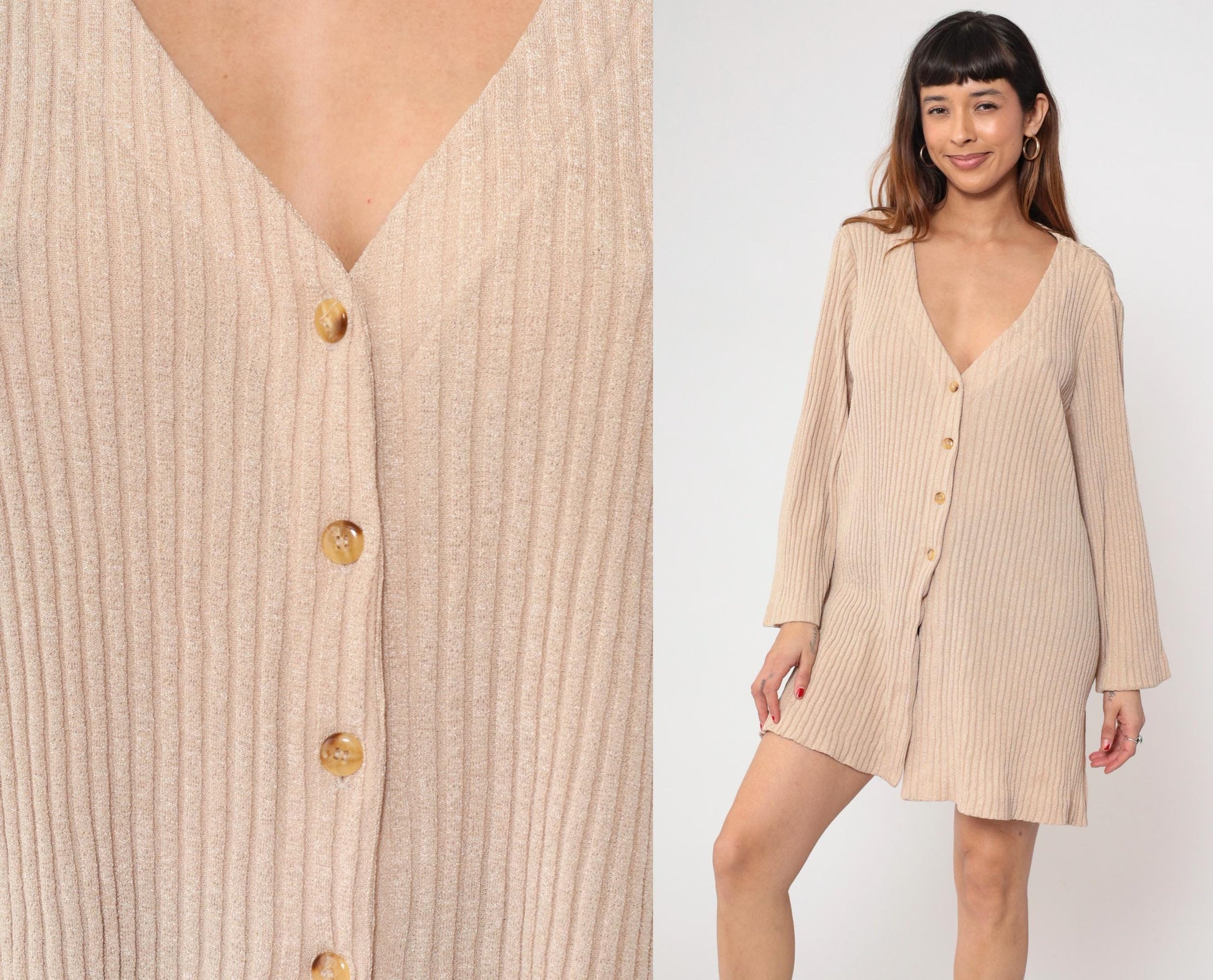 Y2K Kathryn Deene Ribbed Knit Cardigan Cream Button-Front V-Neck Medium