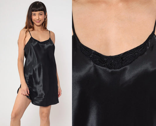 90s Black Satin Slip Dress Lace Trim V-Neck Spaghetti Strap Mini Large L