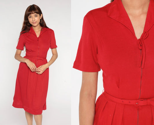 60s Toni Hunt Cherry Red Wool Blend Dress Notch Collar Belted Small