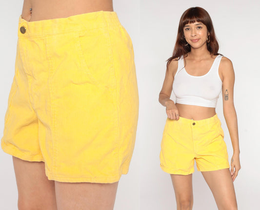 80s Windridge Lemon Yellow Corduroy Shorts High Waist Button Fly Large