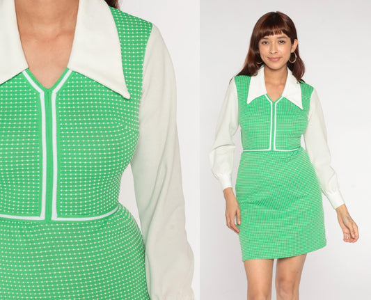 70s Connections Mini Dress Kelly Green Polka Dot Mod Collar XS