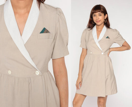 80s VLP Petites Tuxedo Mini Dress Beige White Shawl Collar Puff Sleeve Medium M