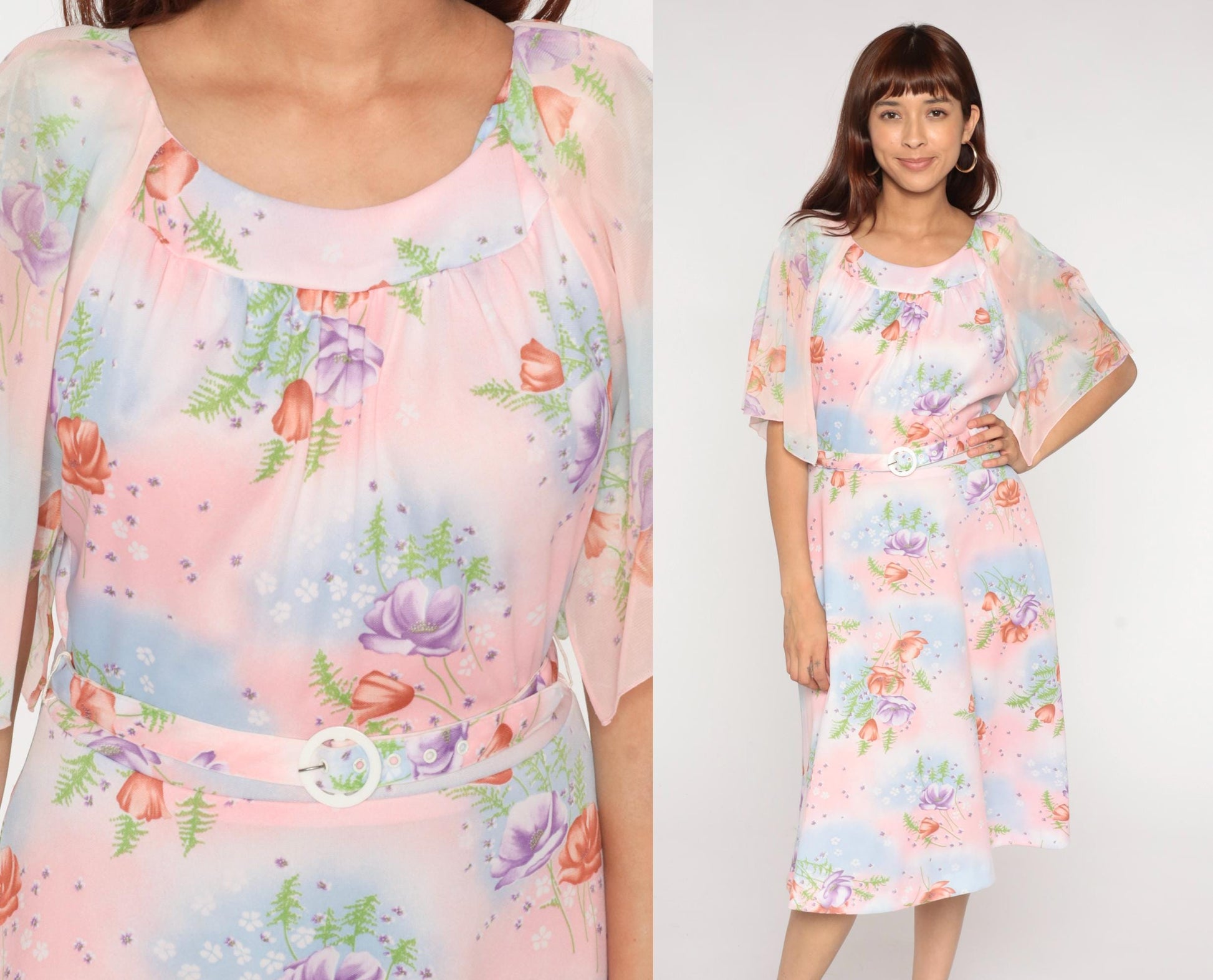 70s Lane Bryant Floral Midi Dress Pink Blue Rose Print Peter Pan Collar Large