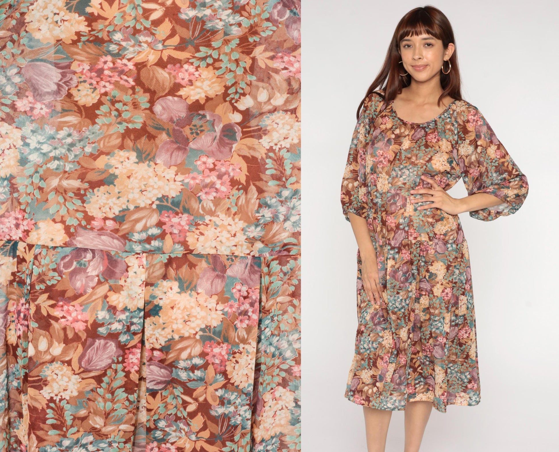 1970s Brown Floral Midi Dress Bishop Sleeve Earth Tone Mauve Teal Large
