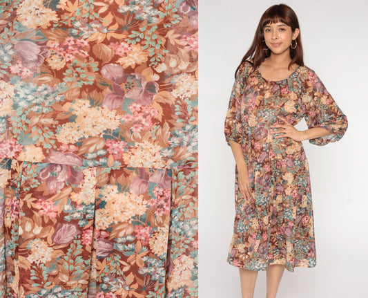 1970s Brown Floral Midi Dress Bishop Sleeve Earth Tone Mauve Teal Large