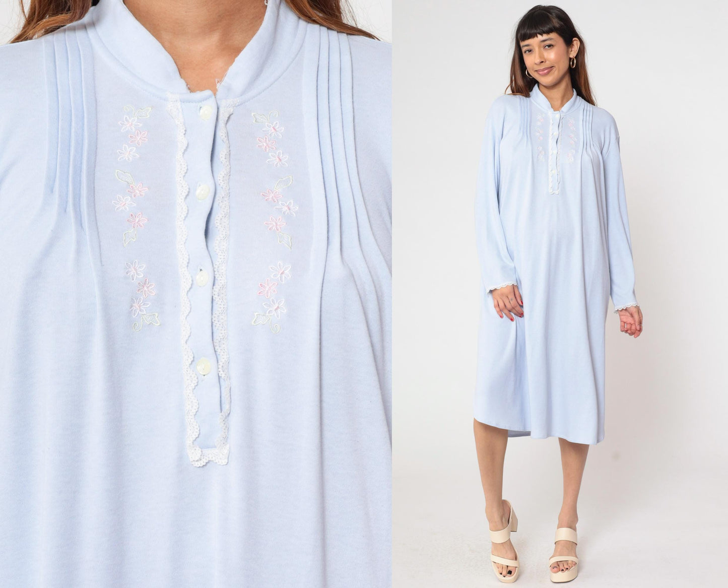80s Vanity Fair Pastel Blue Nightgown Embroidered Floral Button Front Extra Large XL