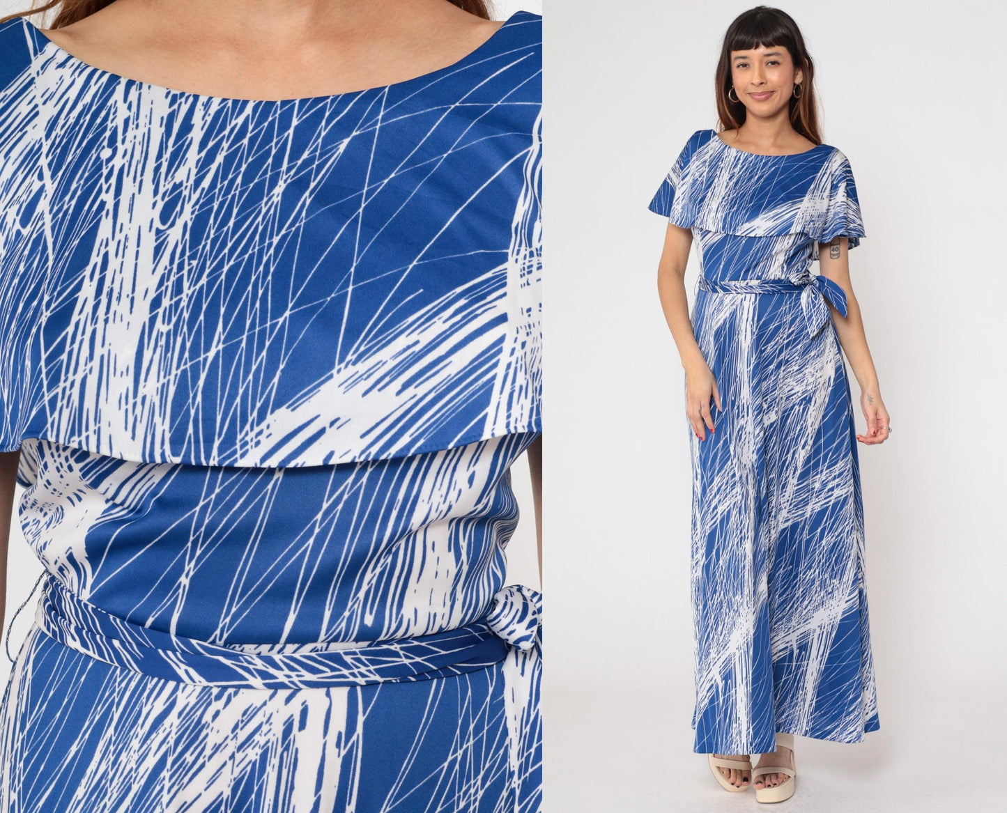 70s Mary Martin Maxi Dress Blue White Brushstroke Capelet Boat Neck Medium