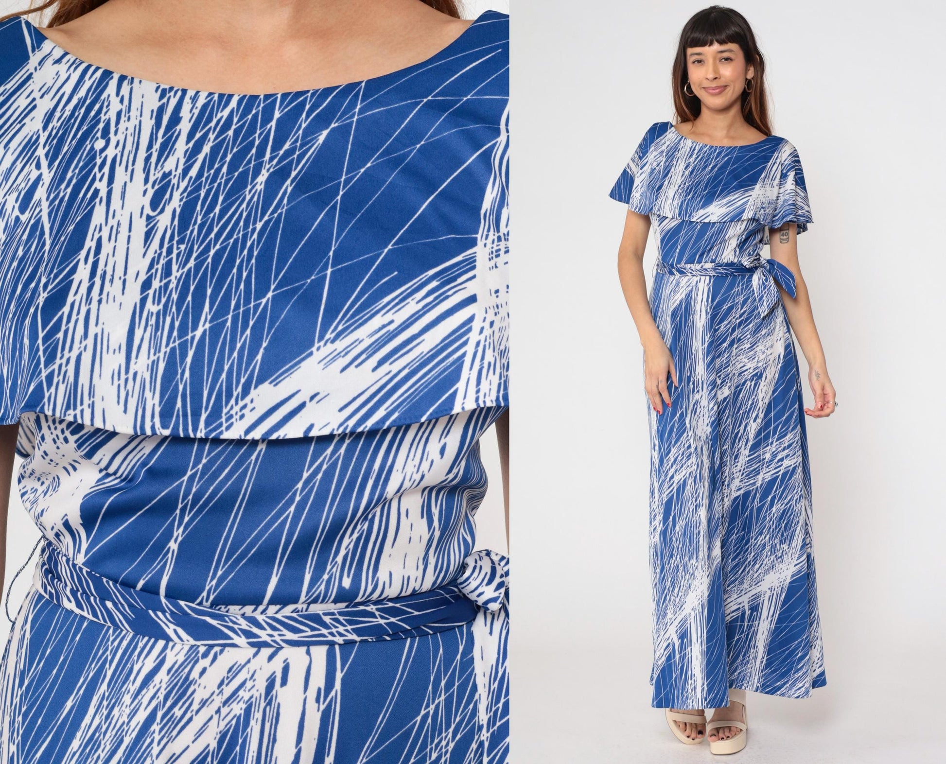 70s Mary Martin Maxi Dress Blue White Brushstroke Capelet Boat Neck Medium