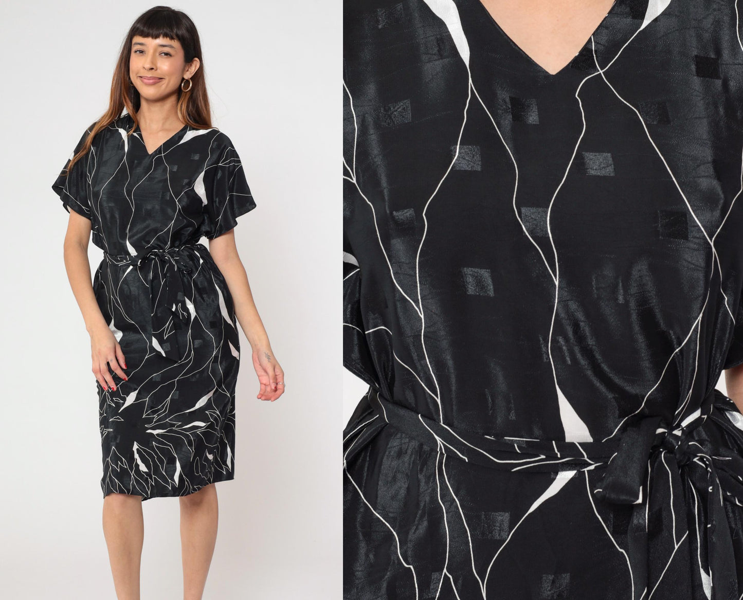 80s Brenner Petites Geometric Midi Dress Black White Abstract Print Belted Medium