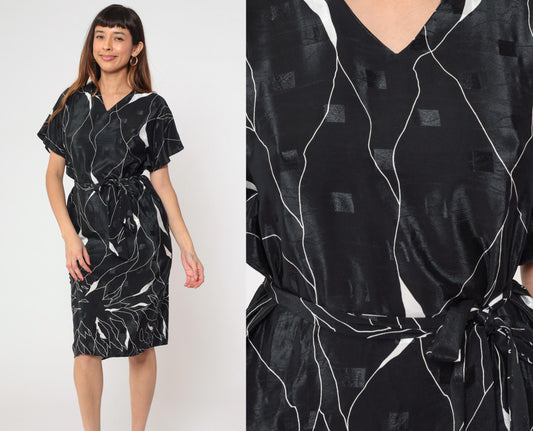 80s Brenner Petites Geometric Midi Dress Black White Abstract Print Belted Medium