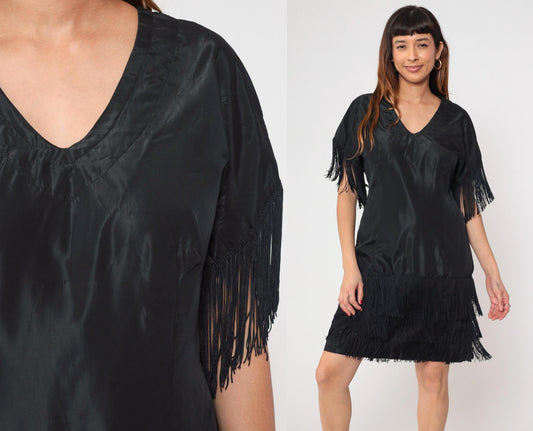 70s Black Fringe Mini Shift Dress V-Neck Tassel Sleeve Cocktail Medium M