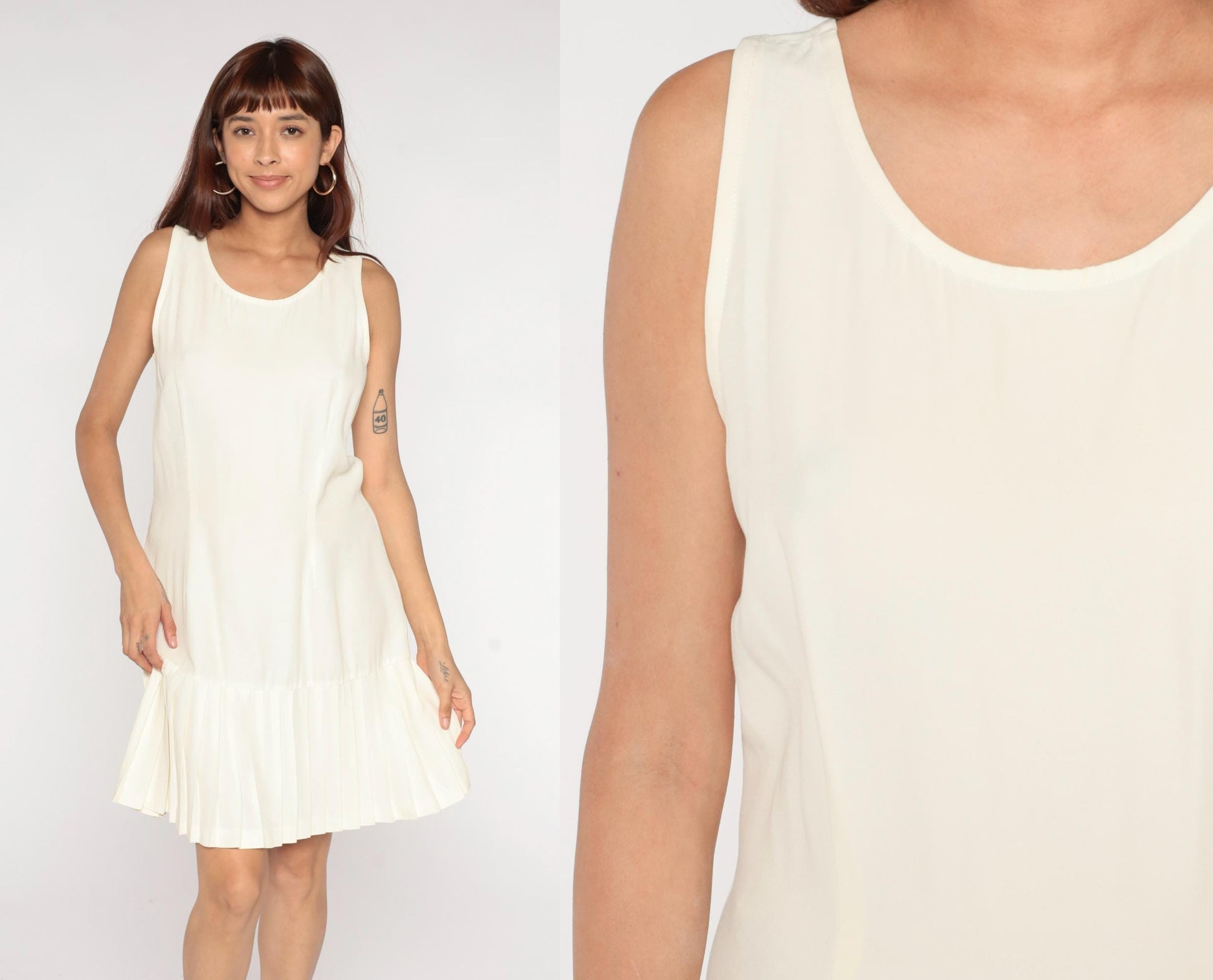 90s Ivory Sleeveless A-Line Dress Pleated Hem Drop Waist Scoop Neck Large