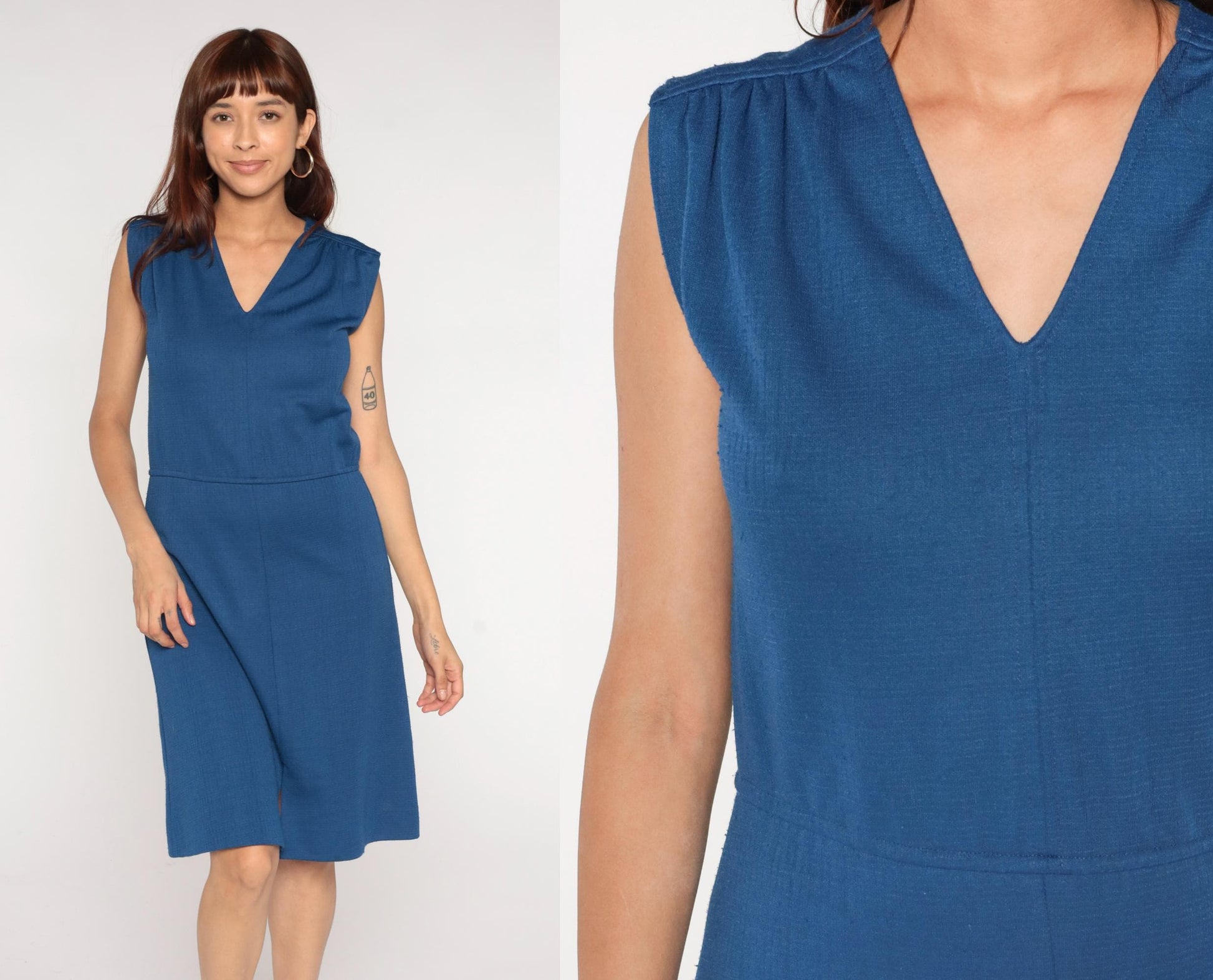 70s Royal Blue A-Line Dress Sleeveless V-Neck Front Slit Medium