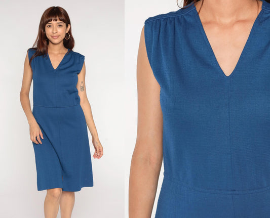 70s Royal Blue A-Line Dress Sleeveless V-Neck Front Slit Medium