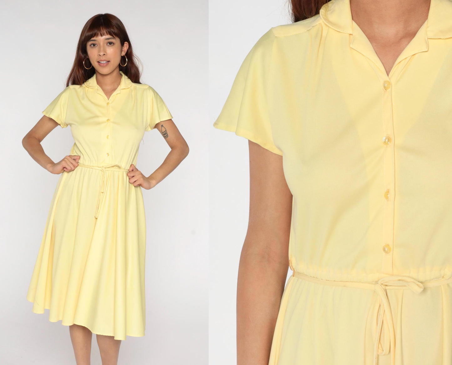 70s Union Made Pale Yellow Shirt Dress Midi Button Front Tie Belt Medium