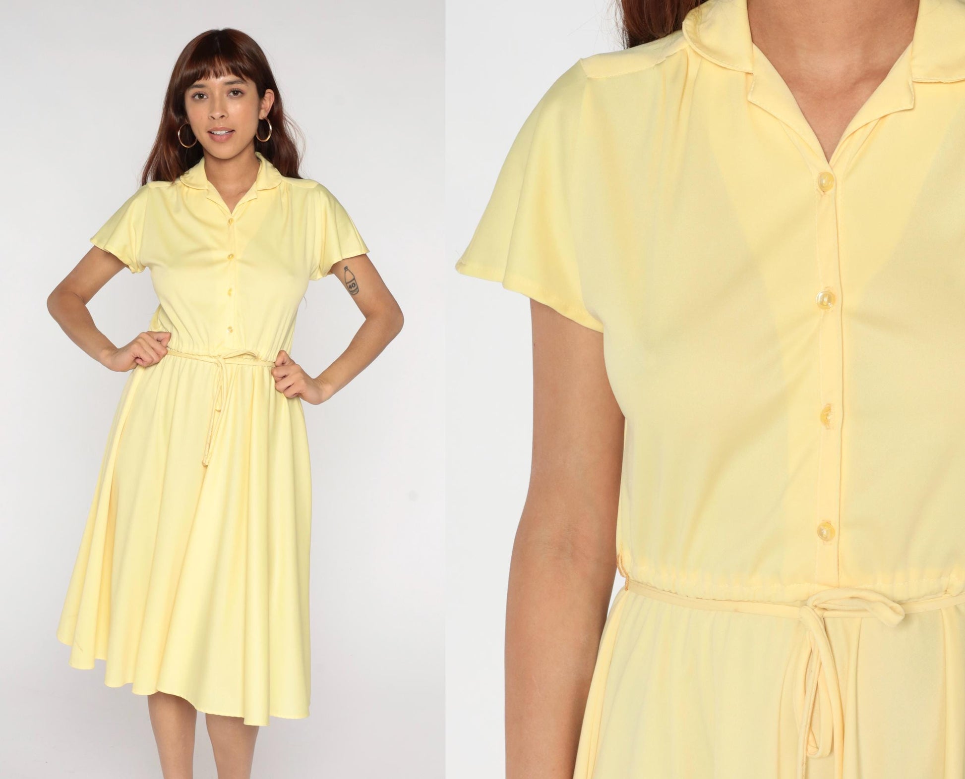 70s Union Made Pale Yellow Shirt Dress Midi Button Front Tie Belt Medium