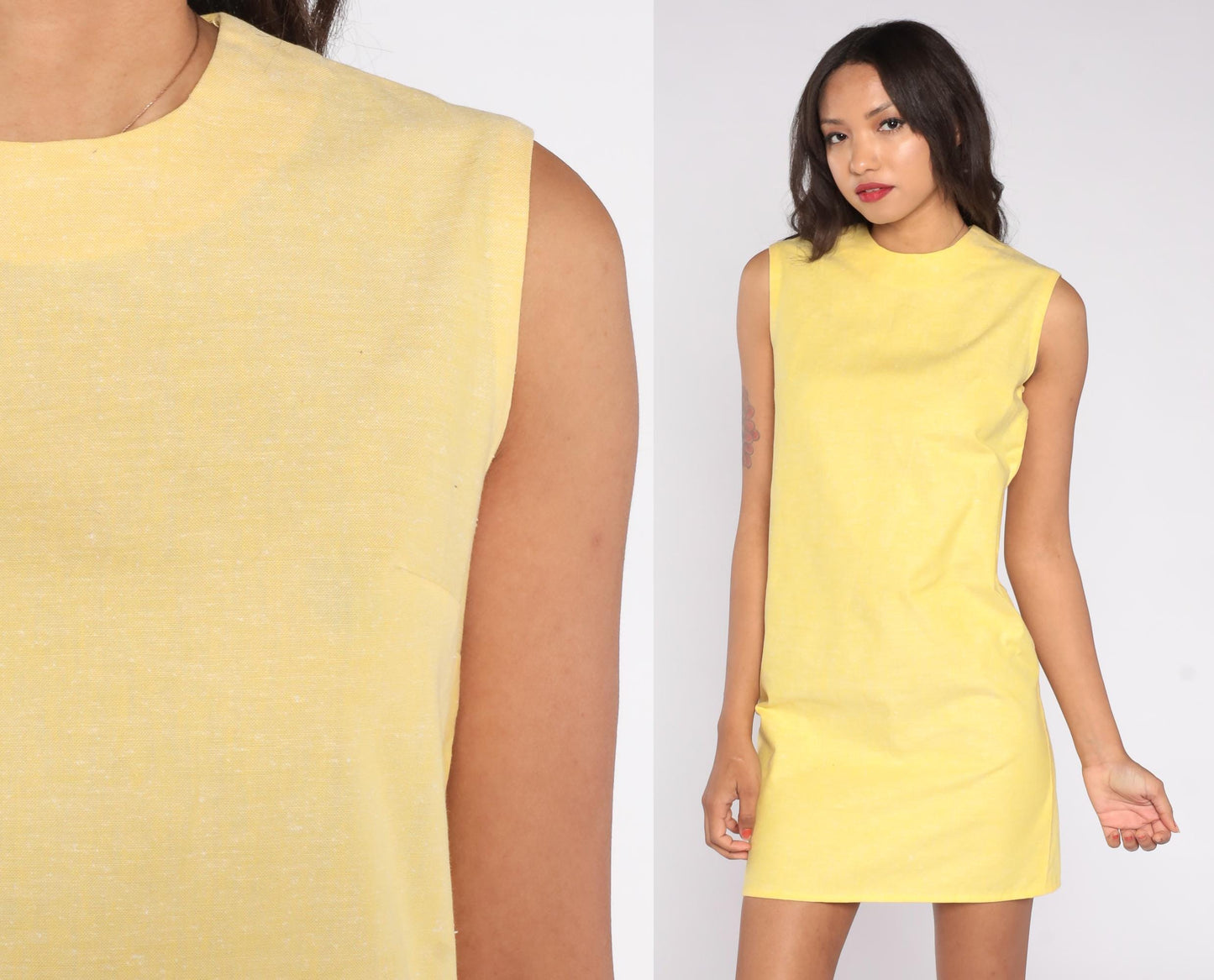 60s Yellow Mini Shift Dress Mod Sleeveless Crew Neckline Small S