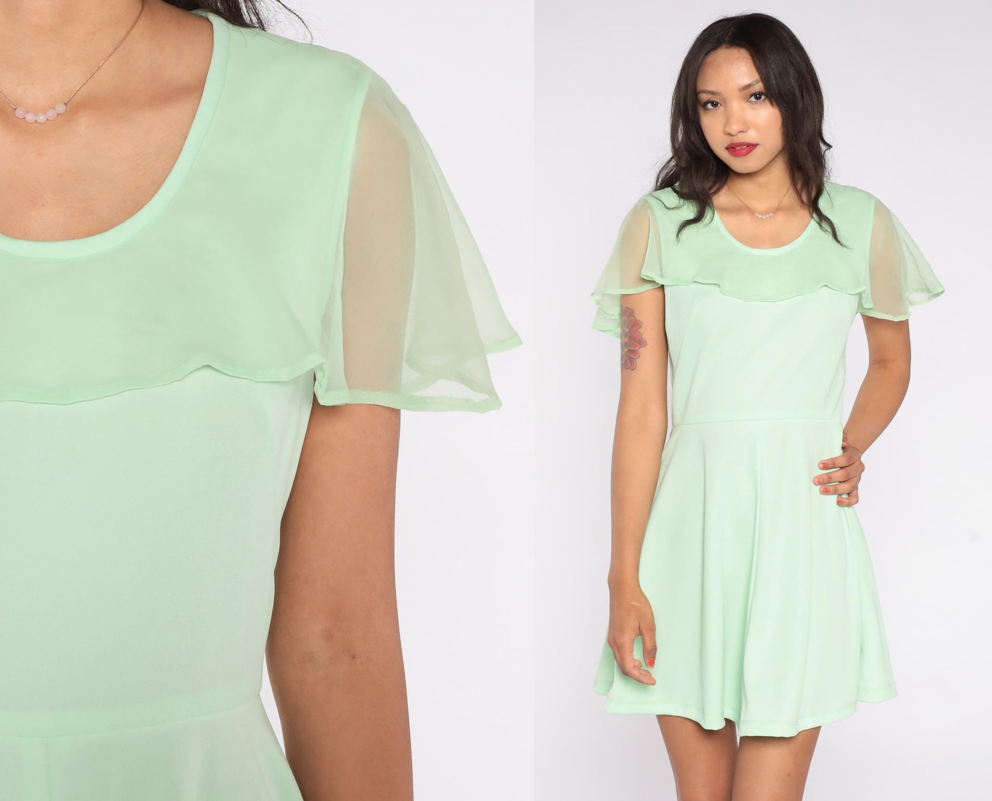 70s Mint Green Babydoll Mini Dress Flutter Sleeve Chiffon Medium