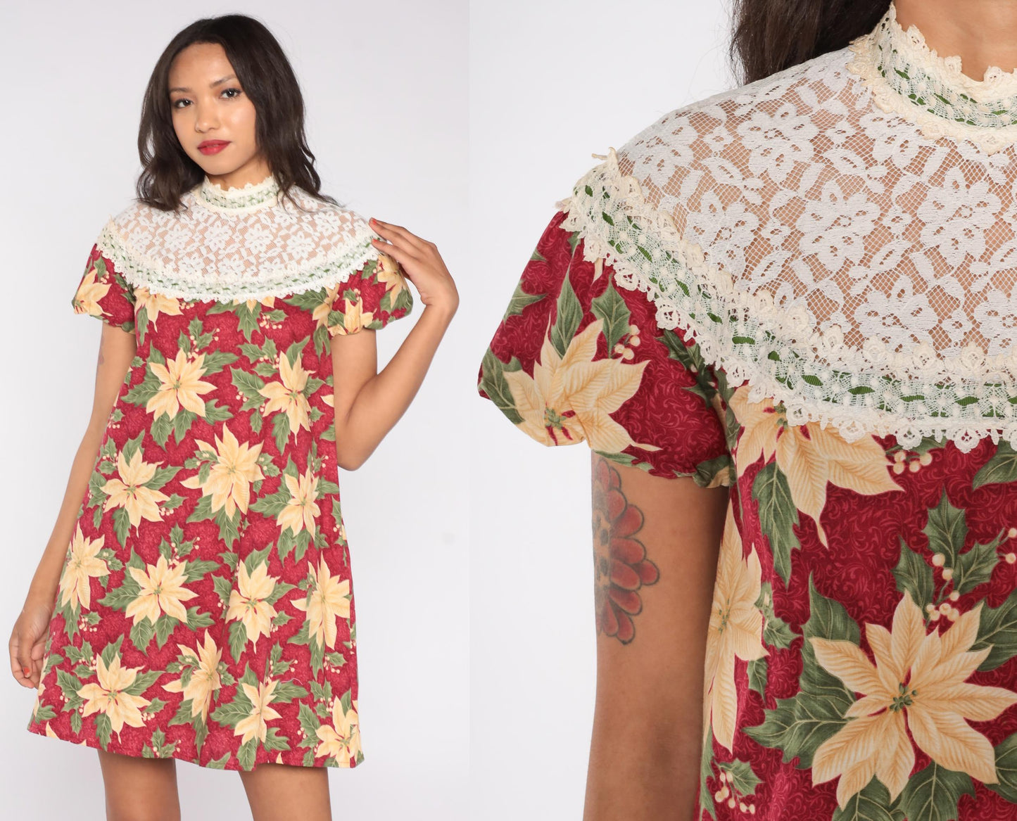 70s Princess Kaiulani Poinsettia Mini Dress Cotton Floral Red Cream Small