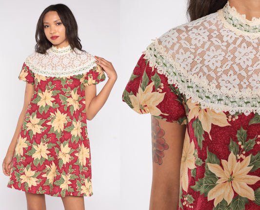 70s Princess Kaiulani Poinsettia Mini Dress Cotton Floral Red Cream Small