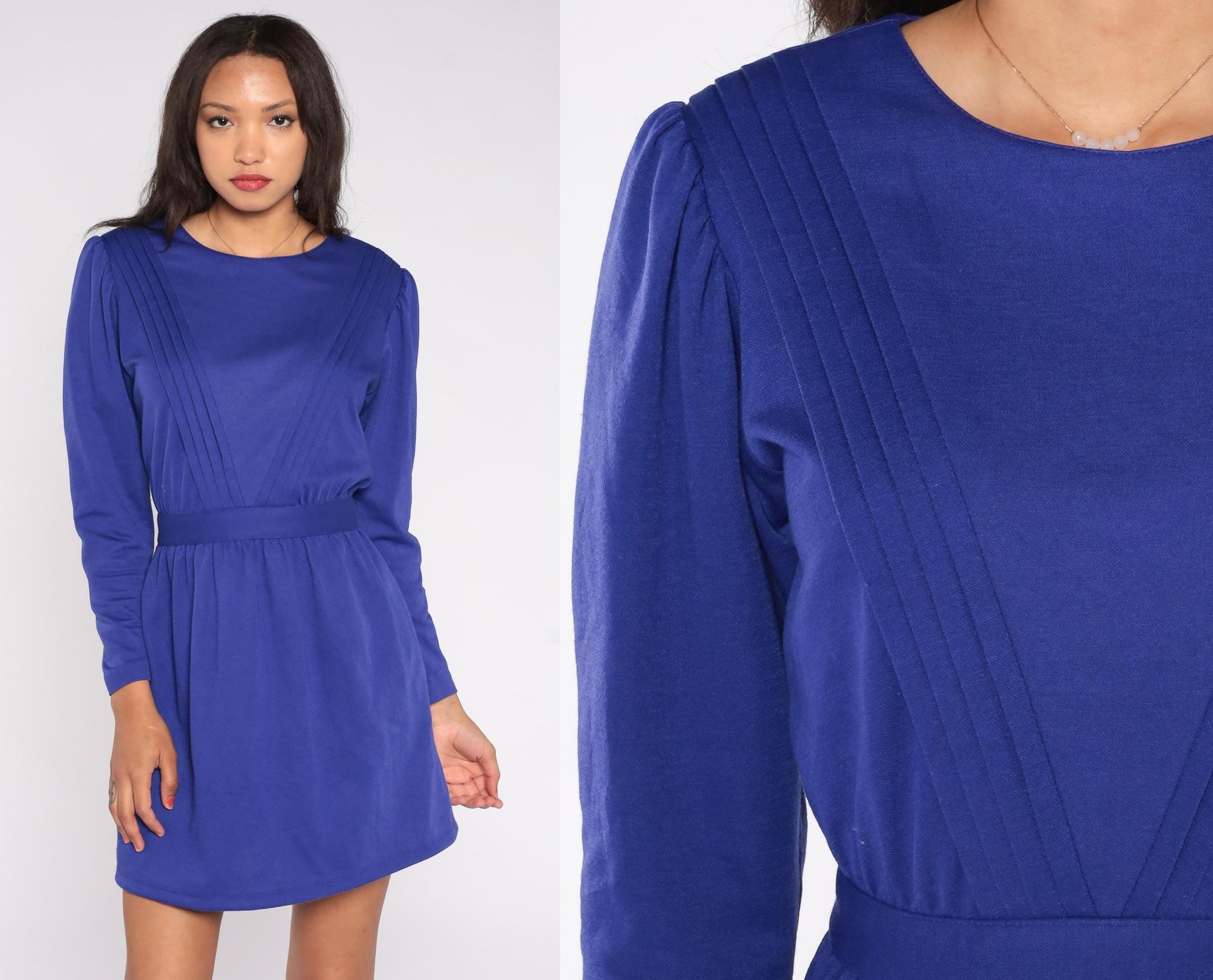 80s Lanz Originals Royal Blue Mini Dress Pleated Long Sleeve Button Back Medium